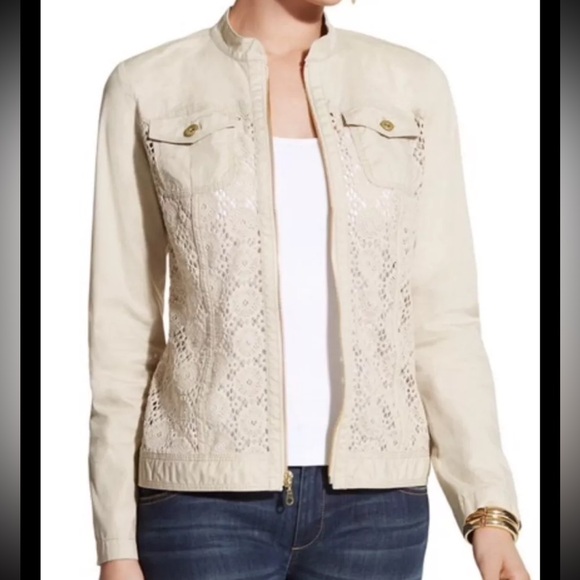 CHICOS Crochet Mix Jacket Coat Tan Beige Full Zip Closure Pockets Lace Basic - Picture 10 of 10